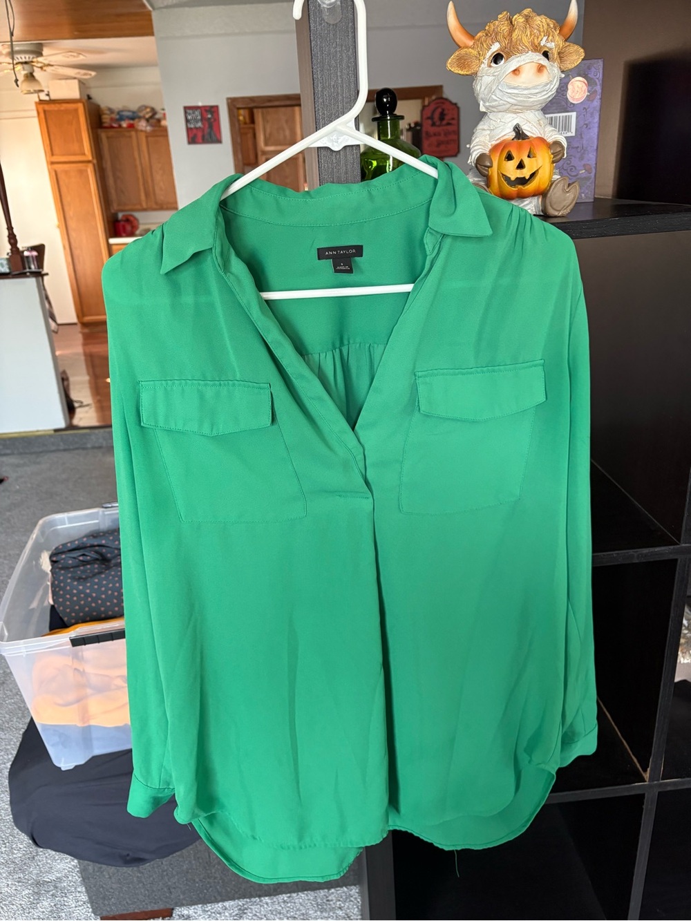 Ann Taylor Bright Green Long-Sleeve Utility Blouse